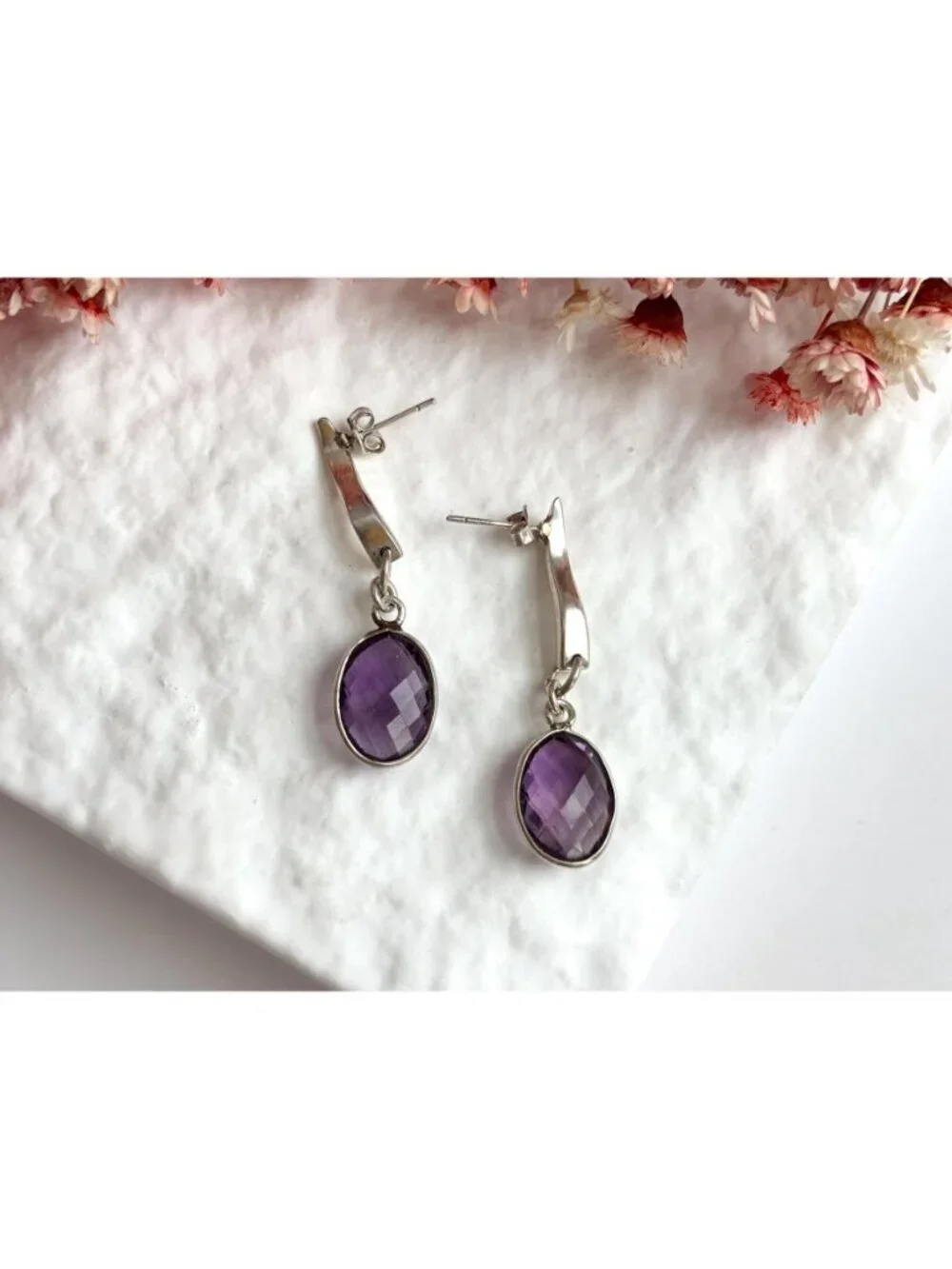 Amethyst Gemstone Swirly Minimalist Vintage Sterling Silver 925 Earrings